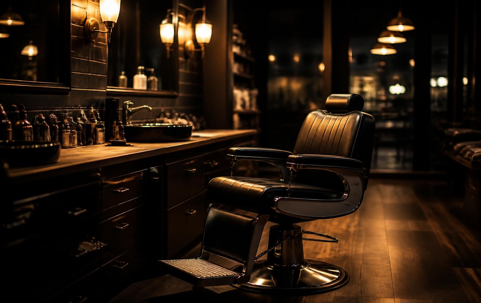Interior de barbearia moderna com iluminação âmbar